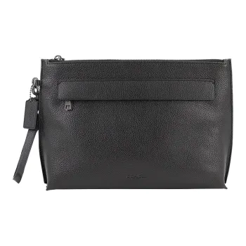 COACH Pouch Polished Pebbled Leather Wrist Bag Clutch Large Size Men's Black