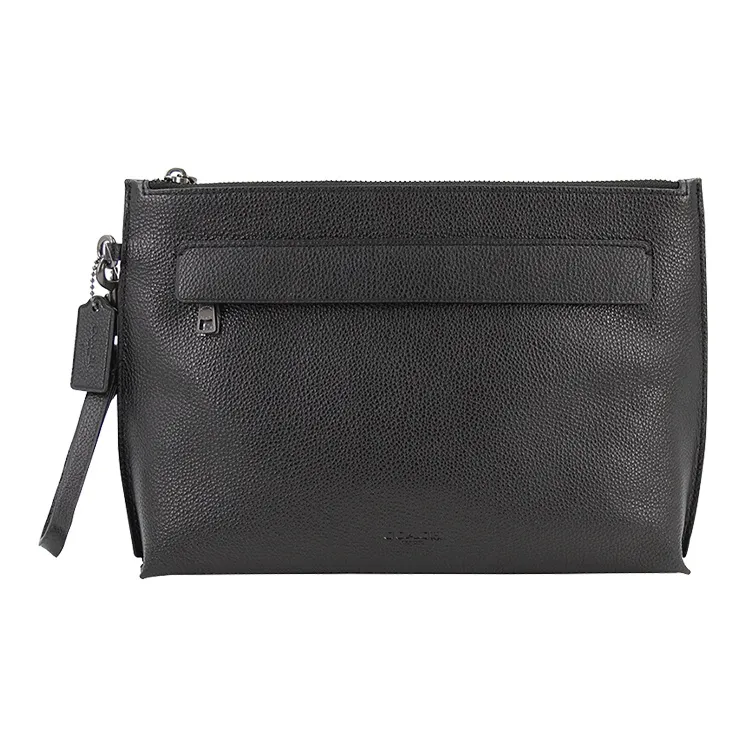 COACH Pouch Polished Pebbled Leather Wrist Bag Clutch Large Size Men's Black-0