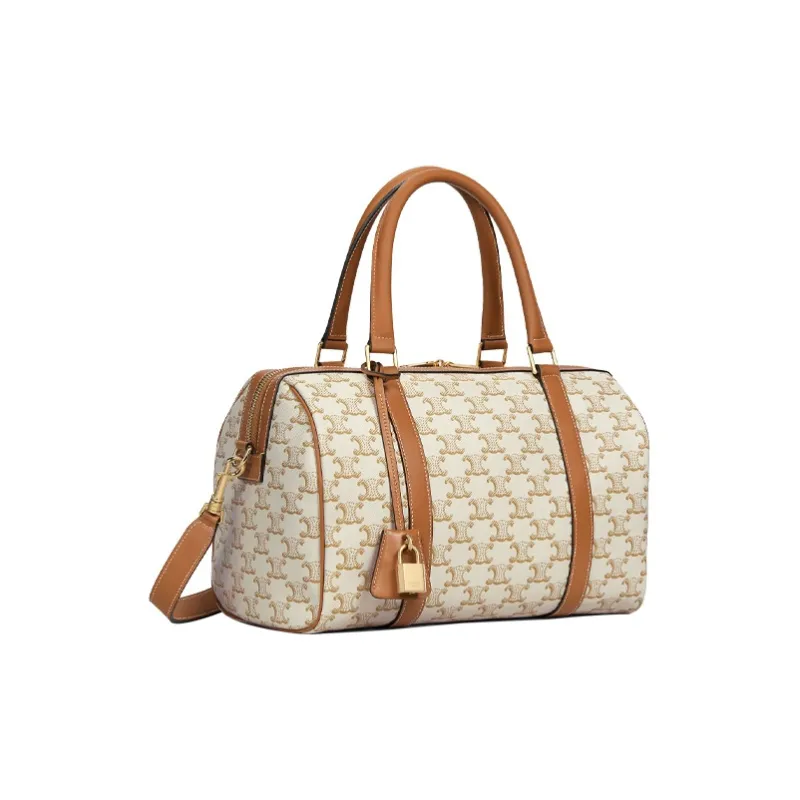 CELINE Triomphe Canvas And Calfskin Boston Bag Shoulder Bag Travel Bag Handbag Unisex White/Tawny-1