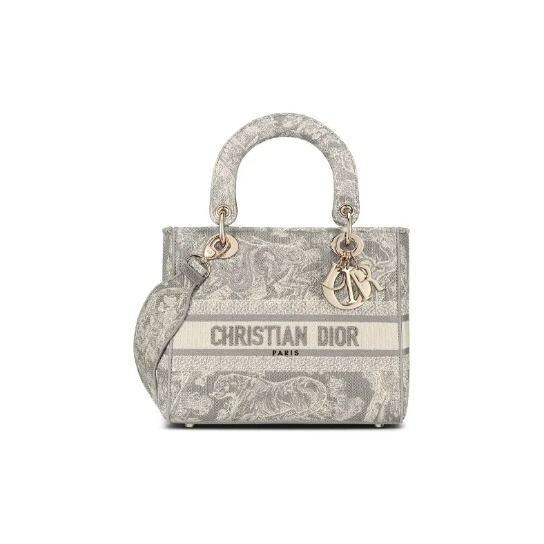 DIOR Embroidery Lady Dior Bag, Handbag, Shoulder Bag, Crossbody Bag Medium Size Women's Gray-0