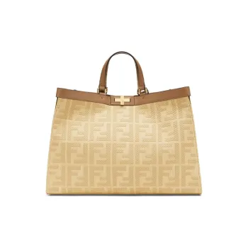 FENDI Peekaboo Canvas With Leather Tote One Shoulder Handbag Medium Size Women's Beige