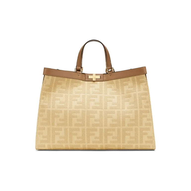 FENDI Peekaboo Canvas With Leather Tote One Shoulder Handbag Medium Size Women's Beige-0