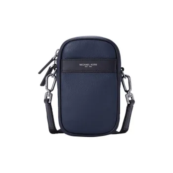 MICHAEL KORS Greyson Litchi Grain Cow Leather Textile Cell Phone Pouch Shoulder Bag Crossbody Bag Men's Marine Blue