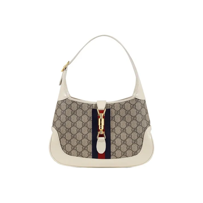 GUCCI Jackie 1961 Canvas With Leather Trim Crescent Shoulder Bag Shoulder Bag Women's White Brown Multicolor-0