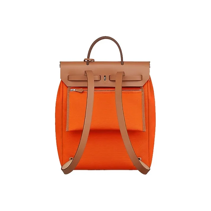 HERMES Herbag Zip Canvas With Hunter Cow Leather Handbag Backpack Unisex Orange Red-1
