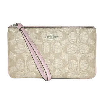 COACH Wristlet Canvas With Leather Wrist Bag Mahjong Clutch Small Size Women's Khaki With Light Pink