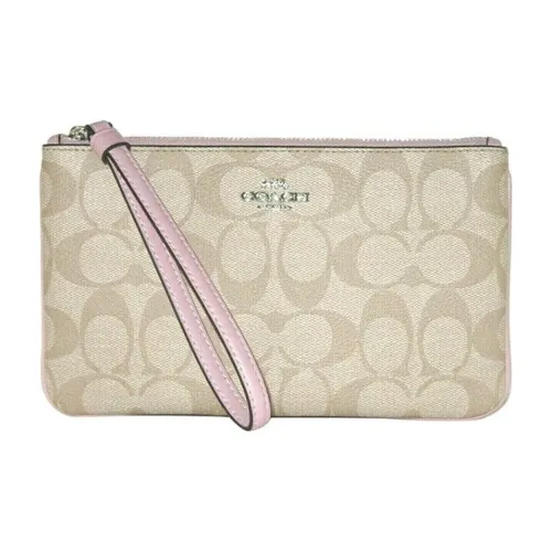 COACH Wristlet Canvas With Leather Wrist Bag Mahjong Clutch Small Size Women's Khaki With Light Pink