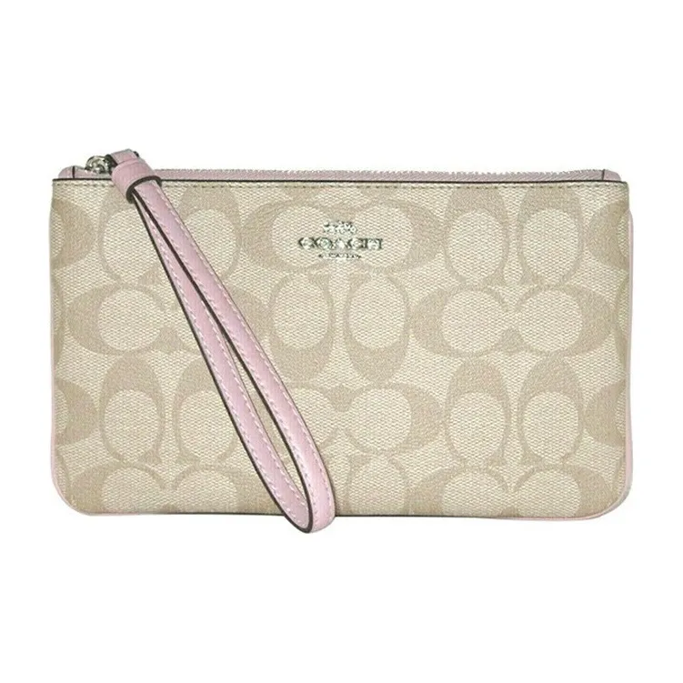 COACH Wristlet Canvas With Leather Wrist Bag Mahjong Clutch Small Size Women's Khaki With Light Pink-0