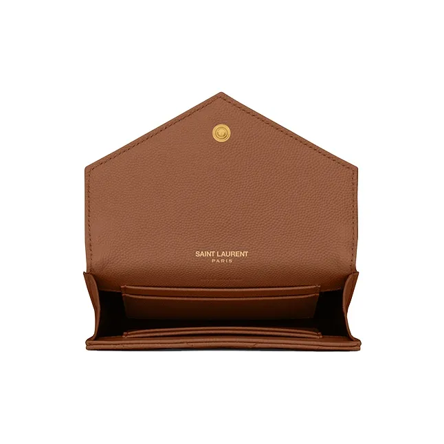 SAINT LAURENT Monogram Quilting Leather Cropped Flap Envelope Wallet Small Size Women's Deep Natural Brown-3