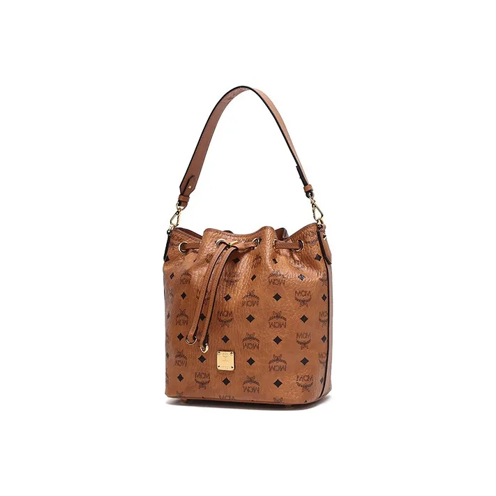 MCM Canvas Bucket Bag, Shoulder Bag, Crossbody Bag, Handbag Small Size Women's Brown Cognac-0
