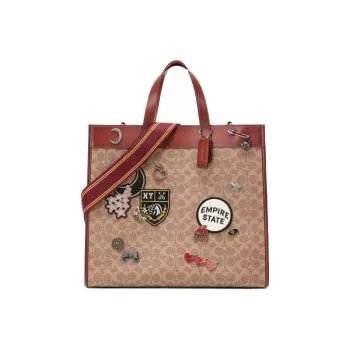COACH Canvas With Leather Tote Bag, Shopping Bag, Shoulder Bag, Crossbody Bag, Handbag Tubas Women's Red Brown
