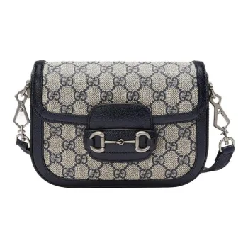 GUCCI Horsebit 1955 Canvas With Leather Saddle Bag Shoulder Bag Crossbody Bag Mini Unisex Blue/Beige