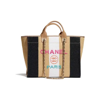 CHANEL Viscose Cotton Calfskin Beach Bag, One Shoulder Handbag Women's Beige Black