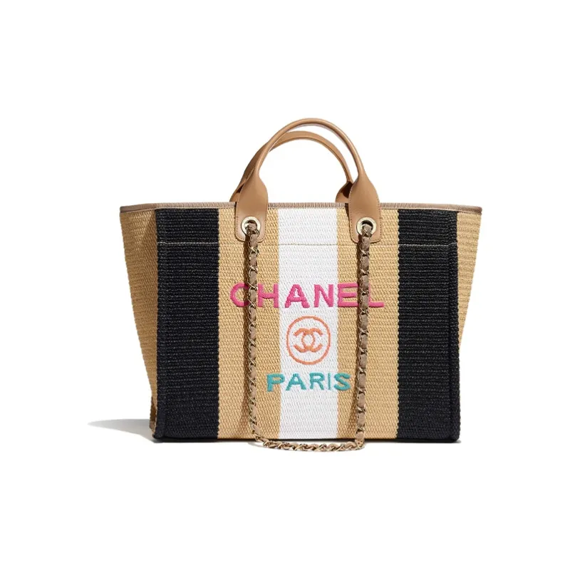 CHANEL Viscose Cotton Calfskin Beach Bag, One Shoulder Handbag Women's Beige Black-0