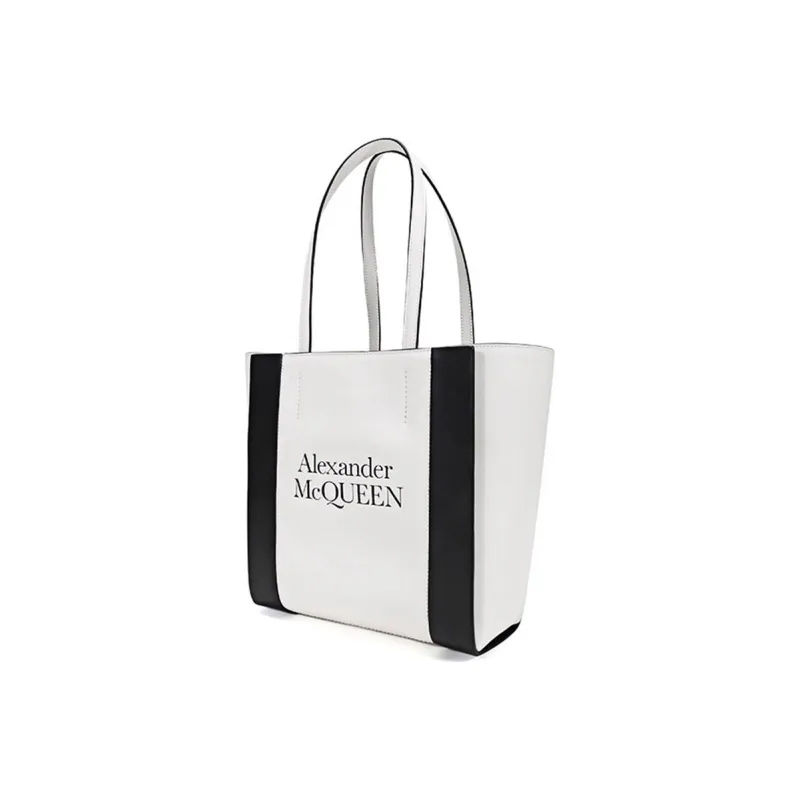 Alexander McQueen Leather Tote Bag, Shopping Bag, Handbag, Shoulder Bag Women's Deep Ivory Black-1