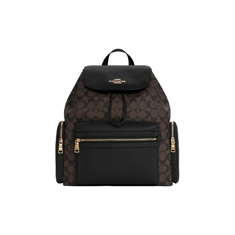 COACH Baby Canvas With Leather Backpack Mom Bag Backpacks Large Size Unisex Black Brown-0