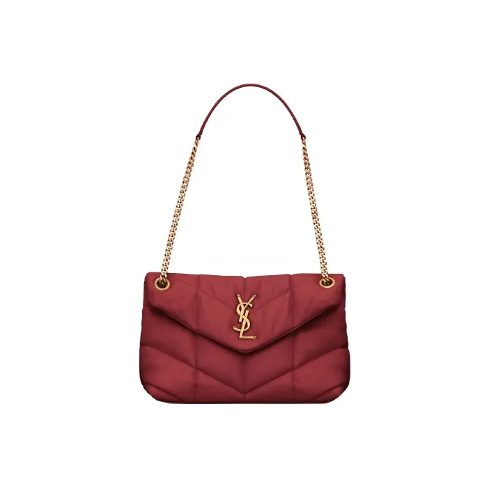 SAINT LAURENT PUFFER Lambskin Cloud Bag Pillow Bag Chain Shoulder Bag Crossbody Bag Small Size Women's Splendid Red-0