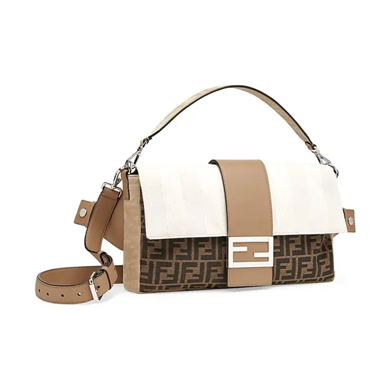 FENDI Baguette Canvas With Leather Crossbody Handbag Shoulder Bag Large Size Men's Brown/Beige-1