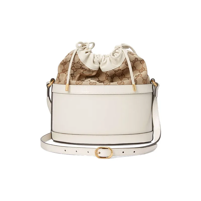 GUCCI Horsebit 1955 Canvas With Leather Bucket Bag, Portable Crossbody Bag, Shoulder Bag Women's White-5