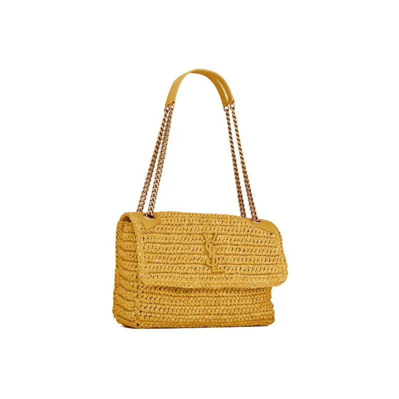 SAINT LAURENT Niki Raffia Mixed Leather Hobo Bag Chain Shoulder Bag Women's Wheat-1