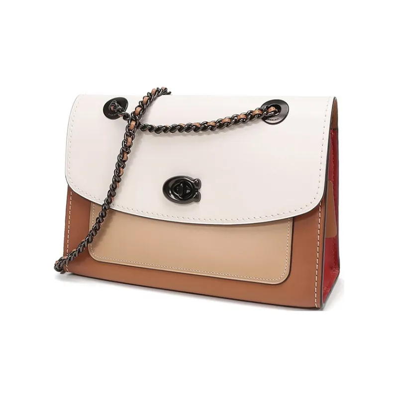 COACH Parker Leather Chain Bag, Portable Crossbody Bag, Shoulder Bag Women's White & Brown-2