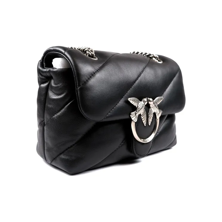 PINKO Puff Nappa Sheepskin Shoulder Bag, Crossbody Bag Mini Women's Black/Black Silver-3