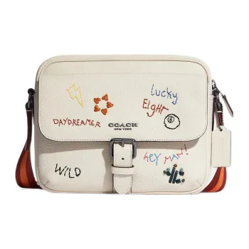 COACH X Diary Embroidery Hudson 23 Collaboration Leather Camera Bags Crossbody Bags Medium Size Women's White