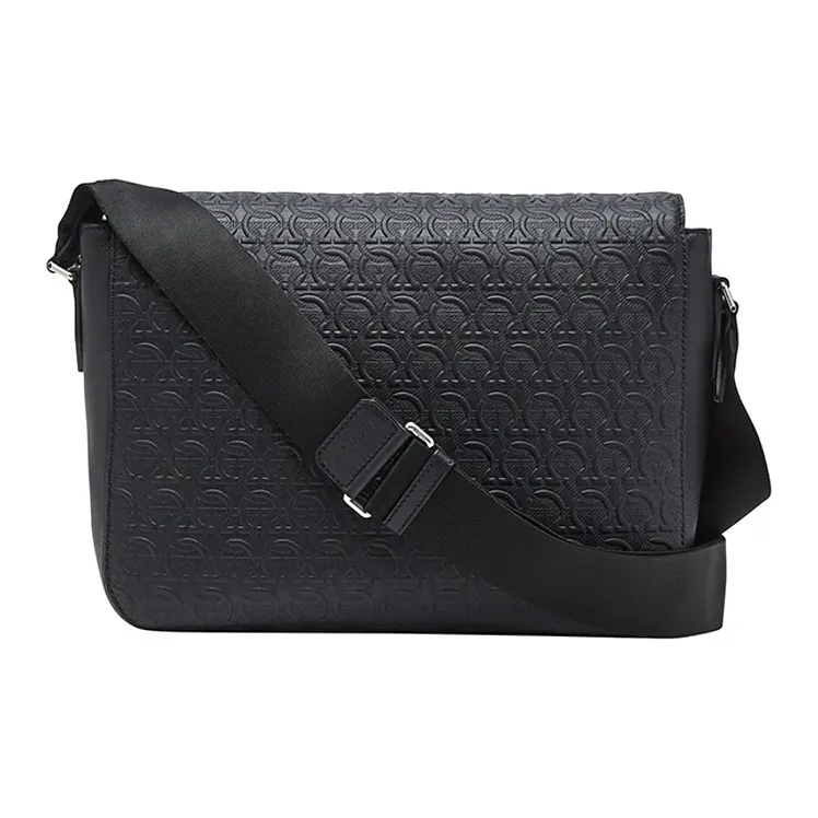 FERRAGAMO GANCINI Cow Leather Messenger Bag Shoulder Bag Crossbody Bag Men's Black-2