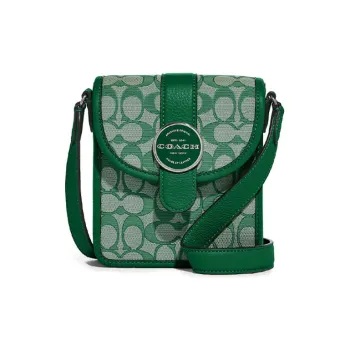 COACH N/S Jacquard Fabric With Leather Cell Phone Pouch Shoulder Bag Crossbody Bag Small Size Women's Green