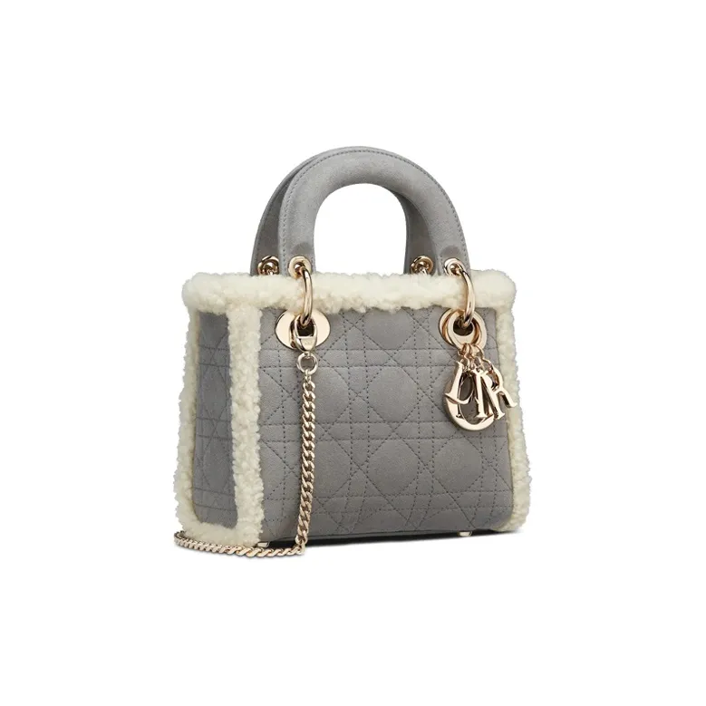 DIOR Lady Dior Shearling Chain Bag With Three Compartments Dai Fei Shoulder Handbag Mini Women's Gray-1