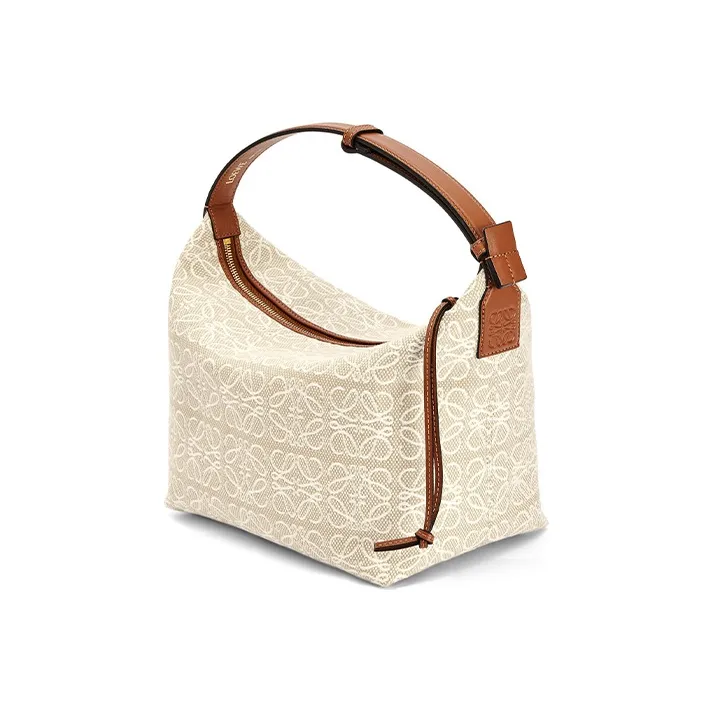 LOEWE CubiAnagram Fabric With Cow Leather Lunch Bag, One Shoulder Handbag Medium Size Women's Ecru/Umber-1