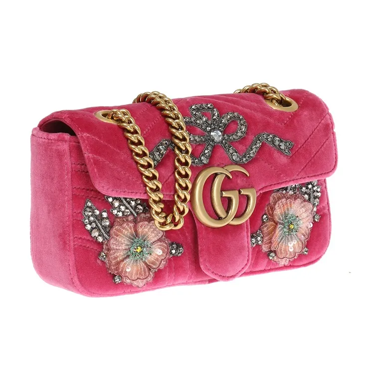 GUCCI Marmont Quilted Velvet Chain Shoulder Bag Crossbody Bag Mini Women's Pink-1
