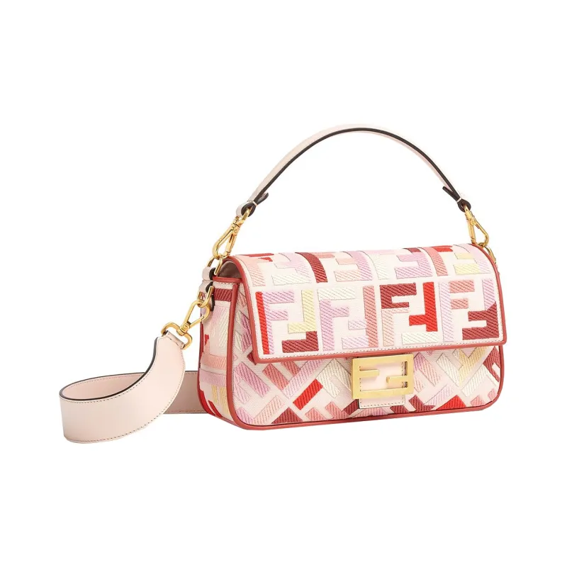 FENDI Baguette Canvas With Leather Baguette Bag, Crossbody Bag, Handbag, Shoulder Bag Small Size Women's Pink-1