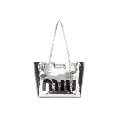 MIU MIU Sequins With Leather Tote Bag Shopping Bag Handbag Women's Silver