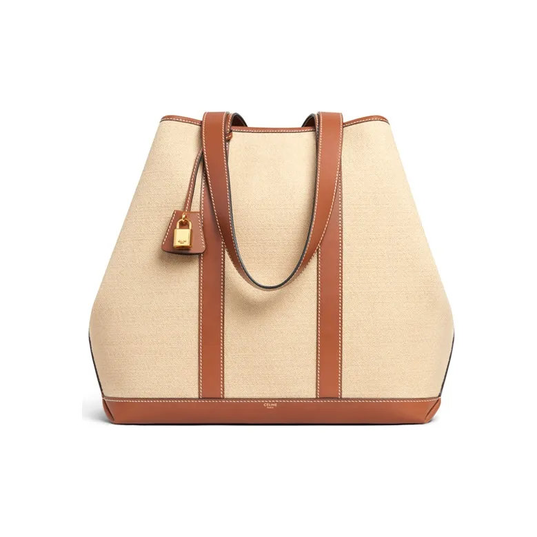 CELINE Cabas Fabric With Leather Tote Bag Shopping Bag Handbag Shoulder Bags Women's Natural Color/Tan-0