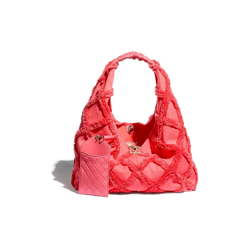 CHANEL Cotton Canvas With Calfskin HOBO Shoulder Bag Tubas Women's Coral-2