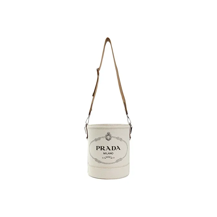 PRADA Cotton With Cow Leather Shoulder Bag Women's Milk White-5