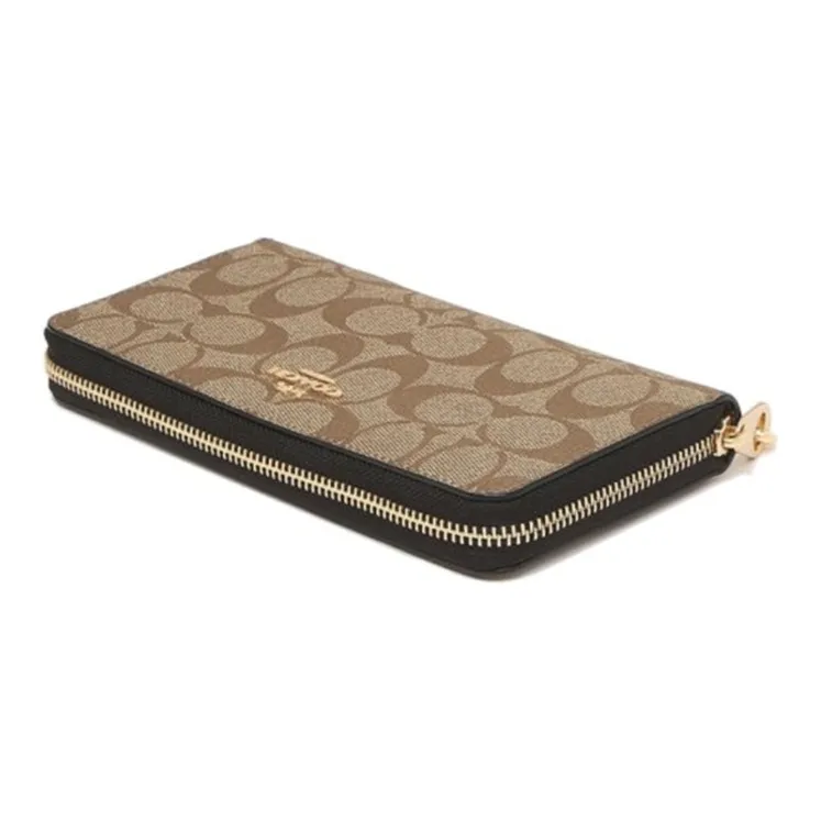 COACH Zip Around Canvas With Leather Wallets Clutches Women's Black & Khaki Monogram-3