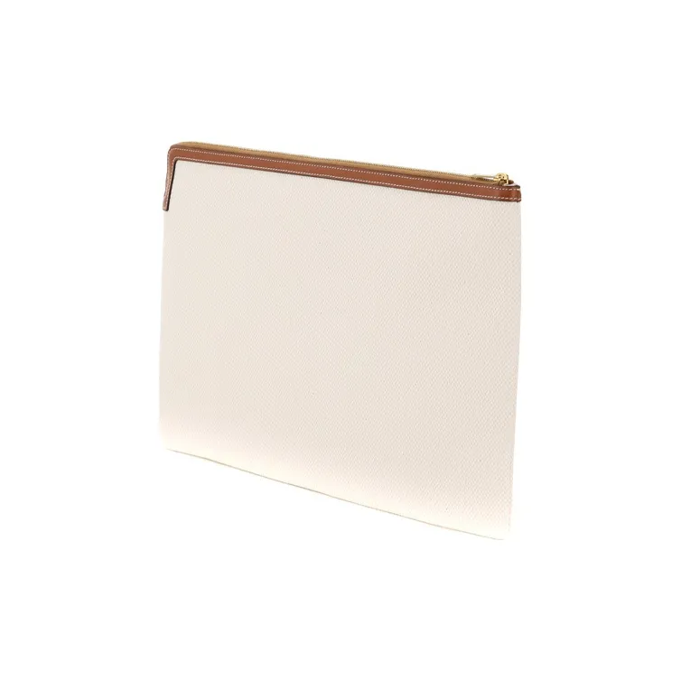 CELINE Cow Leather Canvas Clutch Tubas Women's White-1