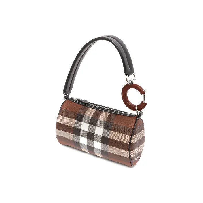 Burberry Plaid Patchwork Leather Cylinder Bag Handbag Shoulder Bag Women's Dark Birch Brown-2