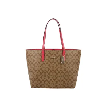 COACH Town PVC Tote Bag, Shopping Bag, Handbag, Shoulder Bag Women's Light Brown & Red Edge