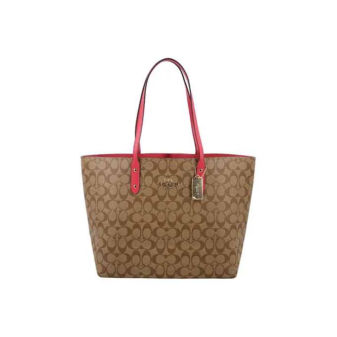 COACH Town PVC Tote Bag, Shopping Bag, Handbag, Shoulder Bag Women's Light Brown & Red Edge-0