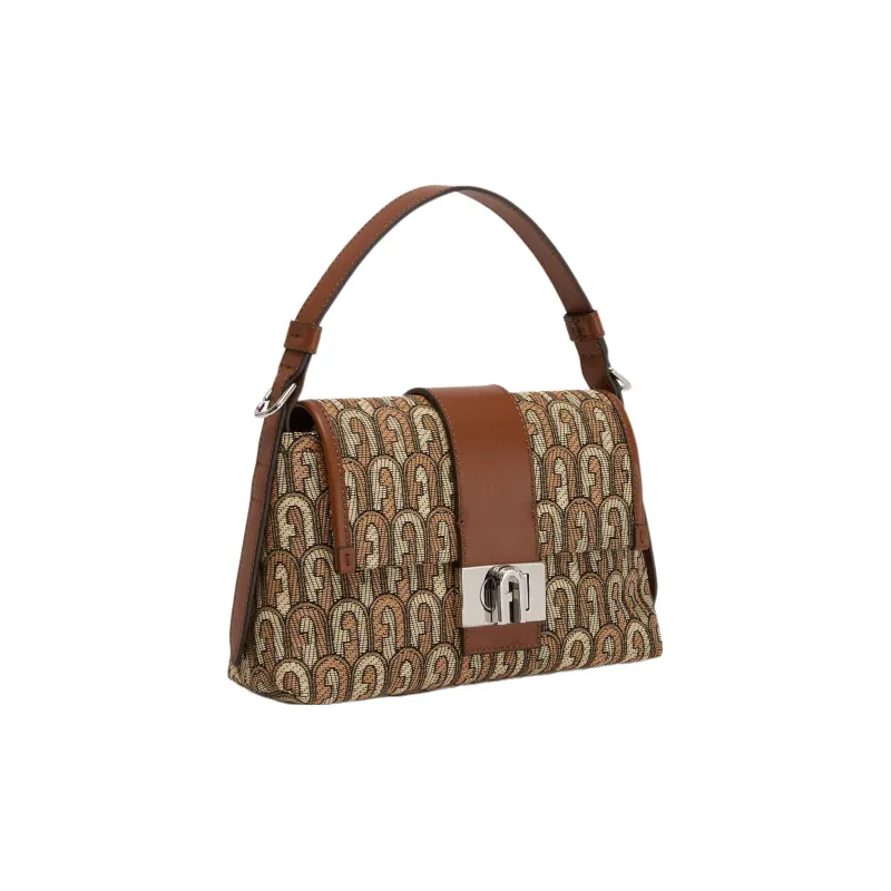 Furla Jacquard Fabric Patchwork Soft Calfskin Shoulder Bag, Crossbody Bag, Handbag Trumpets Women's Print & Brown-1