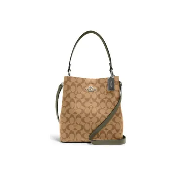 COACH Town Canvas With Leather Bucket Bag Handbag Shoulder Bag Crossbody Bag Medium Size Women's Khaki