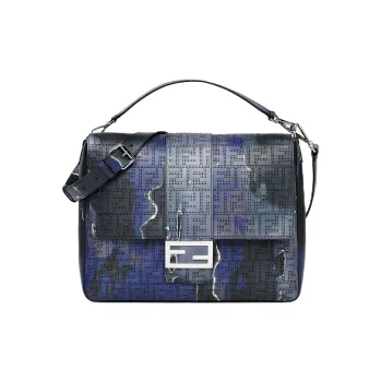 FENDI Baguette Cow Leather One Shoulder Handbag Crossbody Bag Large Size Men's Blue/Black