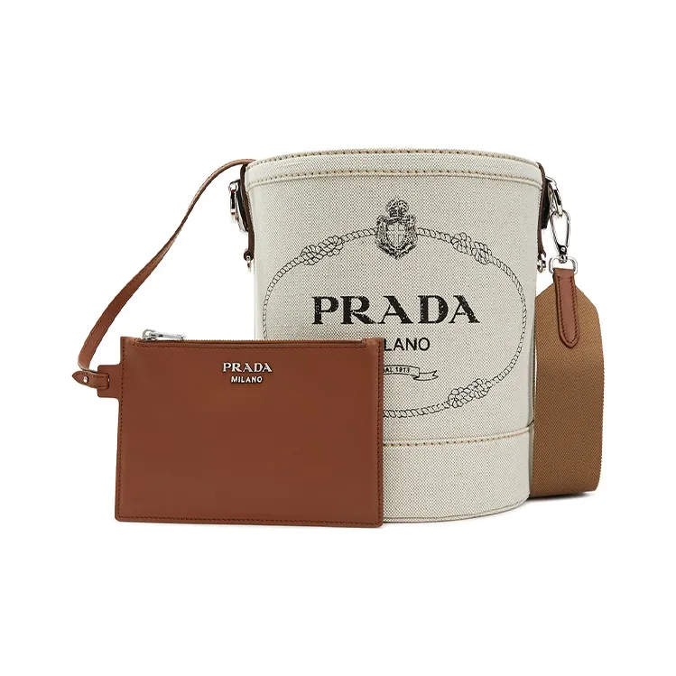 PRADA Cotton With Cow Leather Shoulder Bag Women's Milk White-6