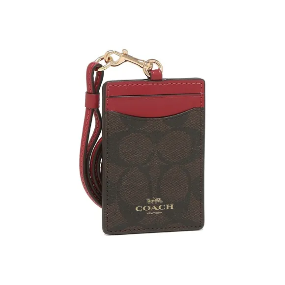 COACH Lanyard Canvas With Leather ID Card Holder Women's Dark Brown With Burgundy-1