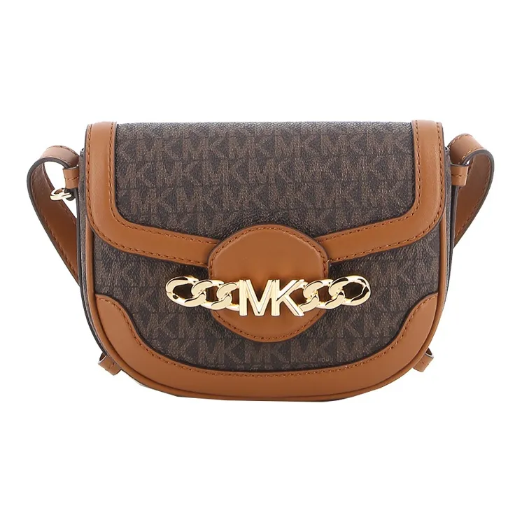MICHAEL KORS Hally Cow Leather Saddle Bag, Crossbody Bag, Shoulder Bag Women's Brown Black Multicolor-0