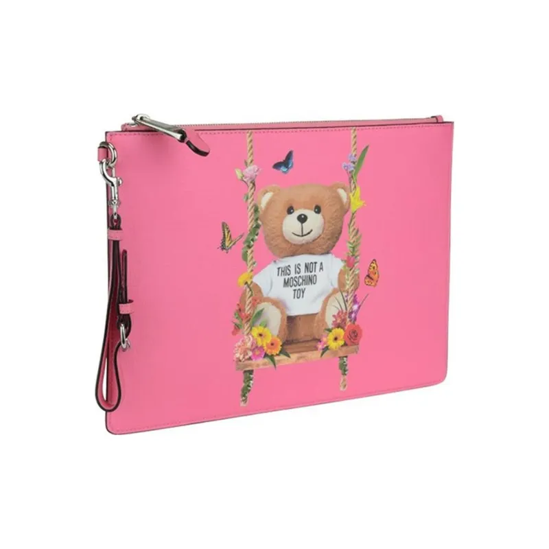 MOSCHINO Leather Bear Bag Clutch Women's Pink-2