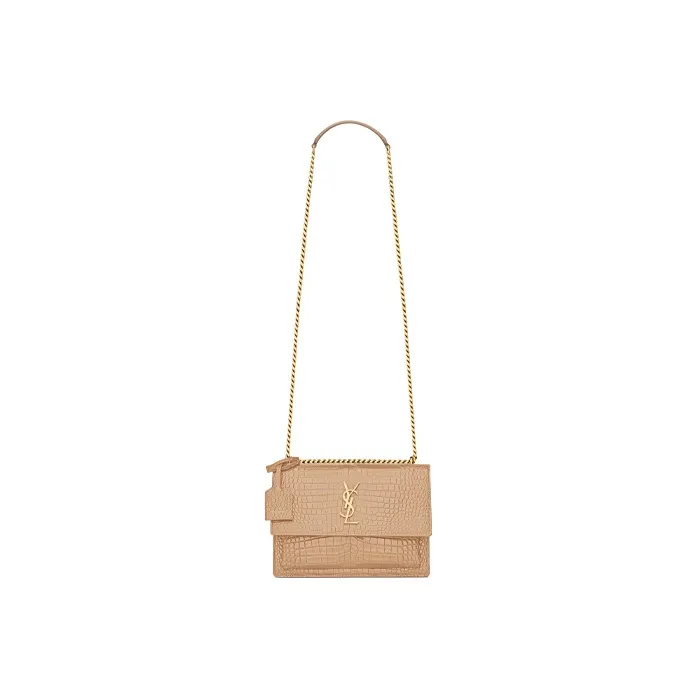 SAINT LAURENT Crocodile Embossed Shiny Leather Sunset Bag Shoulder Bag Crossbody Bag Women's Dark Beige-0